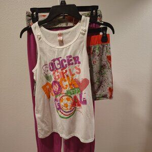 SO Soccer Girls Rock The Goal 3 Piece Pajama Set Tank Top Pants Shorts 14 / 16
